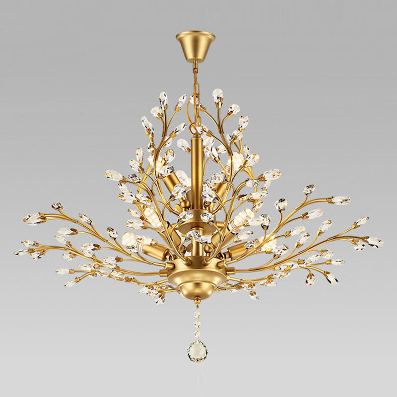 Country Style Foliage Chandelier Metal Suspension Light with Crystal Decor in Gold