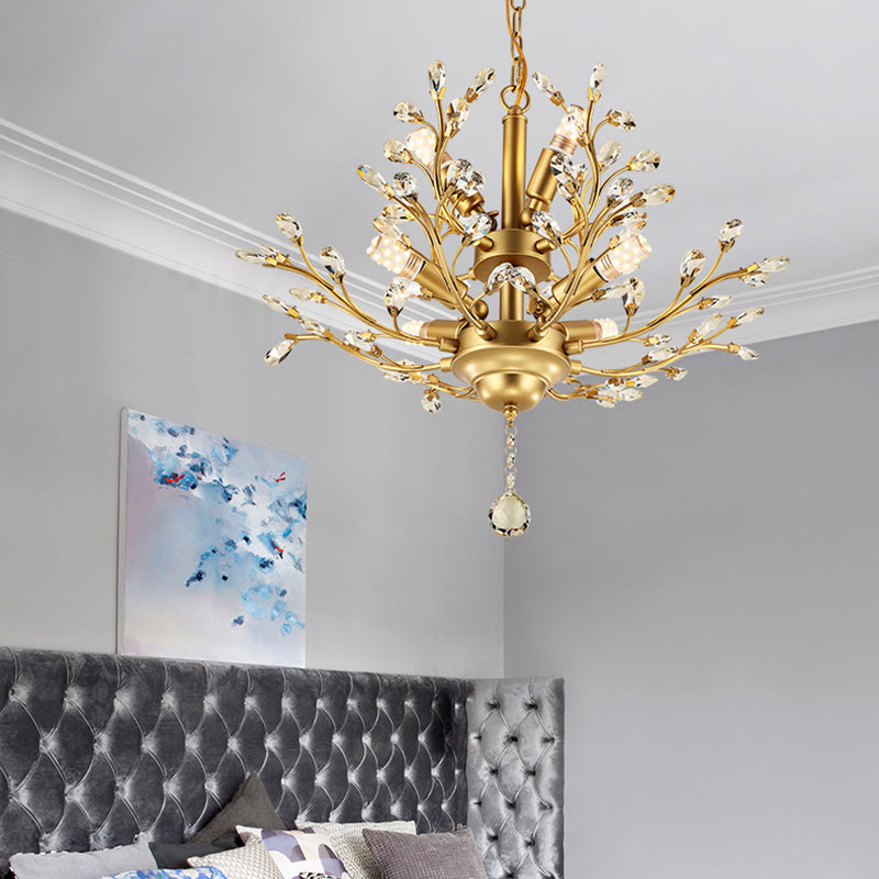 Country Style Foliage Chandelier Metal Suspension Light with Crystal Decor in Gold