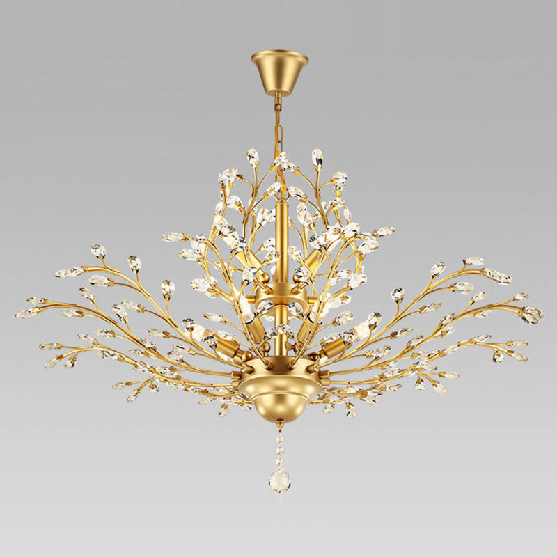 Country Style Foliage Chandelier Metal Suspension Light with Crystal Decor in Gold