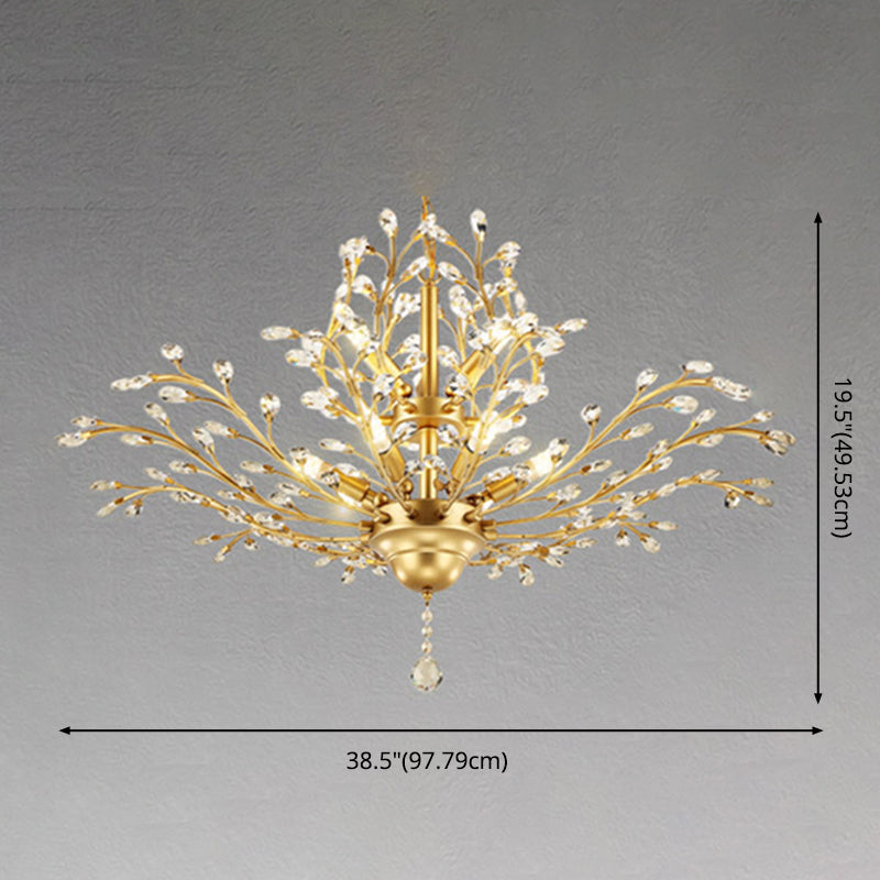 Country Style Foliage Chandelier Metal Suspension Light with Crystal Decor in Gold