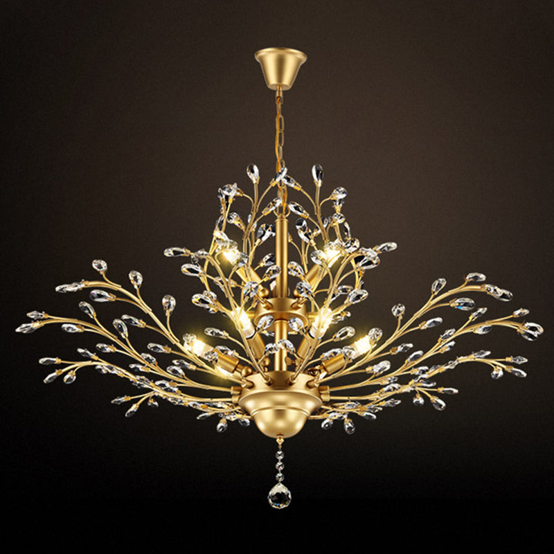 Country Style Foliage Chandelier Metal Suspension Light with Crystal Decor in Gold