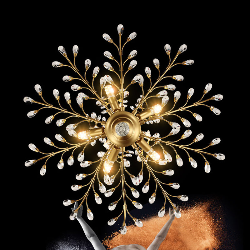 Country Style Foliage Chandelier Metal Suspension Light with Crystal Decor in Gold