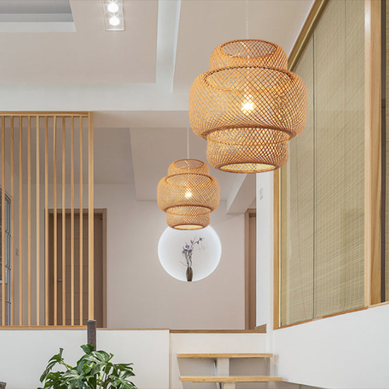 Tiered Dining Room Suspension Pendant Light Bamboo 15"/19.5" W 1 Light Asia Ceiling Lamp in Beige