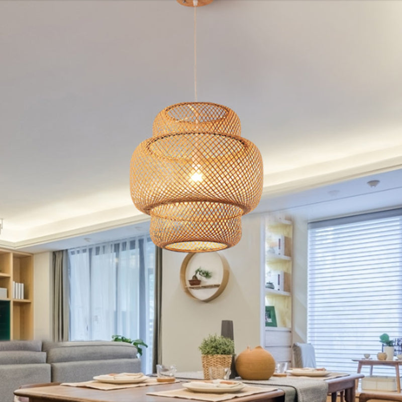 Abgestufte Esszimmer Suspension Anhänger Leichtes Bambus 15 "/19,5" W 1 Light Asia Deckenlampe in Beige