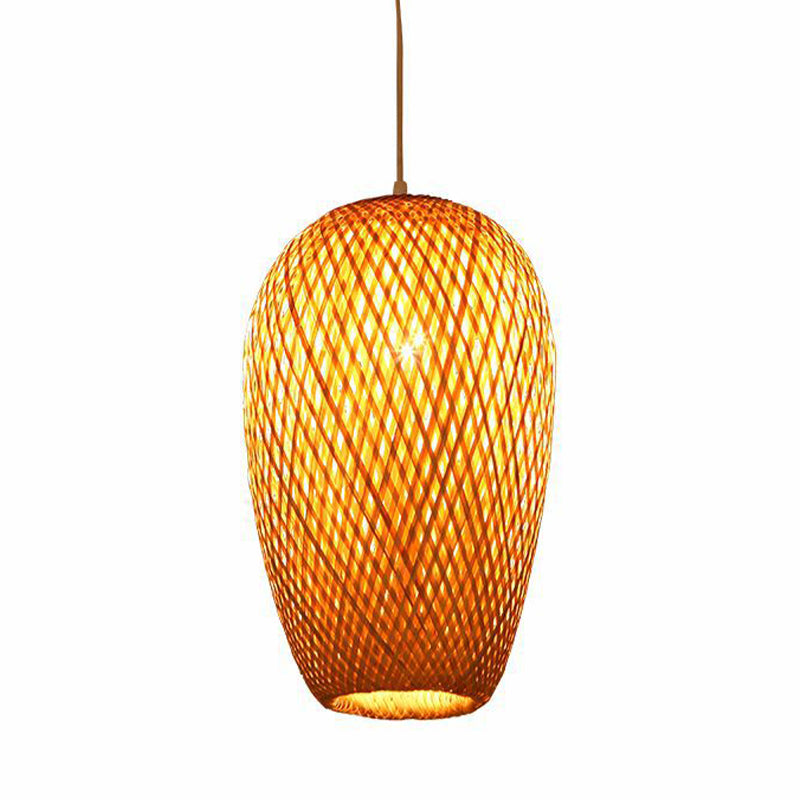 10“/14.5” H Bamboo Oblong Suspension Pendant 1 Light Asia Hanging Ceiling Light in Beige