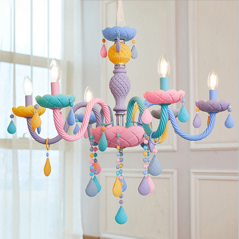 Bedroom Macaron Pendant Light in Modern Creative Style Wrought Iron Chandelier with Crystal Decoration