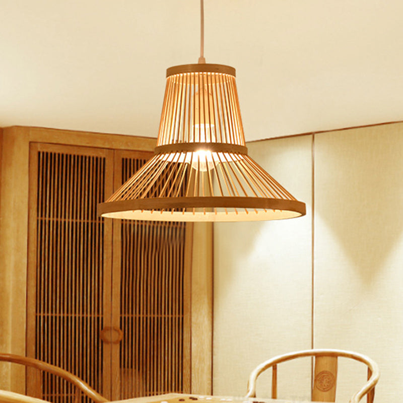 1 Light Living Room Pendant Lamp Modern Wood Down Lighting with Cone Bamboo Shade