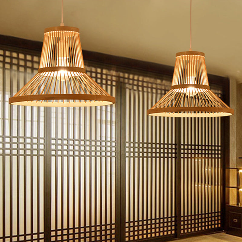 1 Light Living Room Pendant Lamp Modern Wood Down Lighting with Cone Bamboo Shade