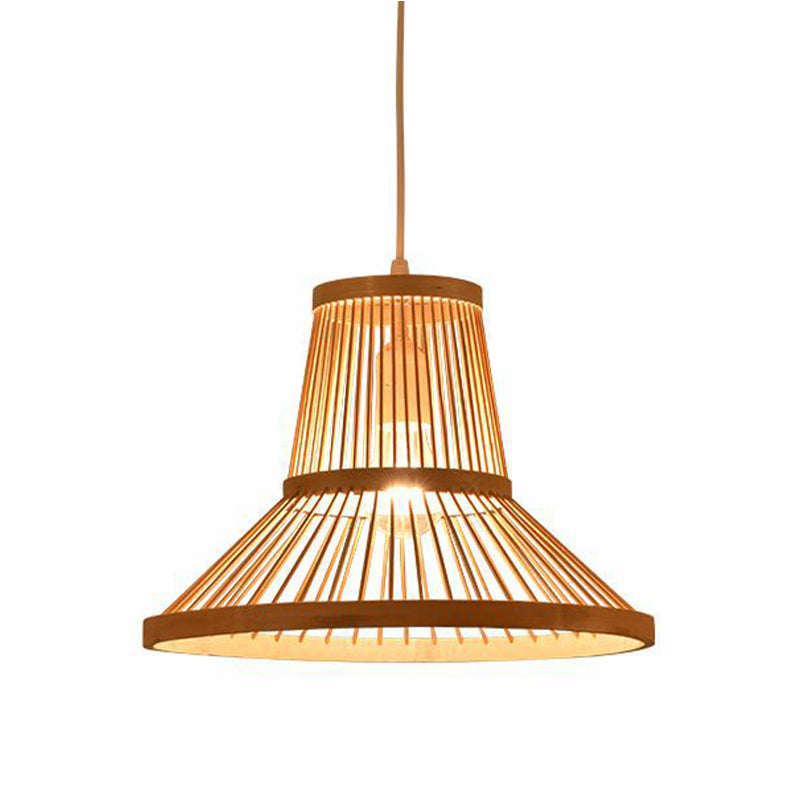 1 Light Living Room Pendant Lamp Modern Wood Down Lighting with Cone Bamboo Shade