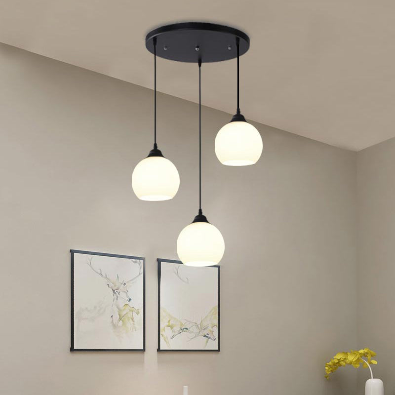 Black Domed Multi-Light Pendant Minimalist 3-Bulb White Glass Hanging Light Fixture