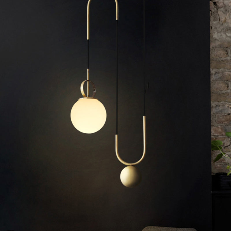 Postmodern Globe Pendant Lamp White Glass 1 Head Dining Room Hanging Light in Brass