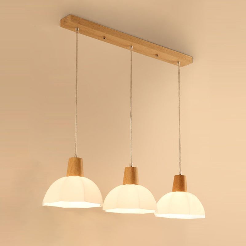 Nordic 3 Lights Pendant Wood Geometric Hanging Light Fixture with White Glass Shade