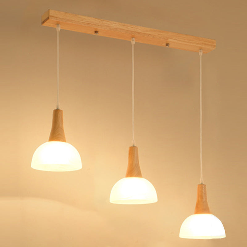 Nordic 3 Lights Pendant Wood Geometric Hanging Light Fixture with White Glass Shade