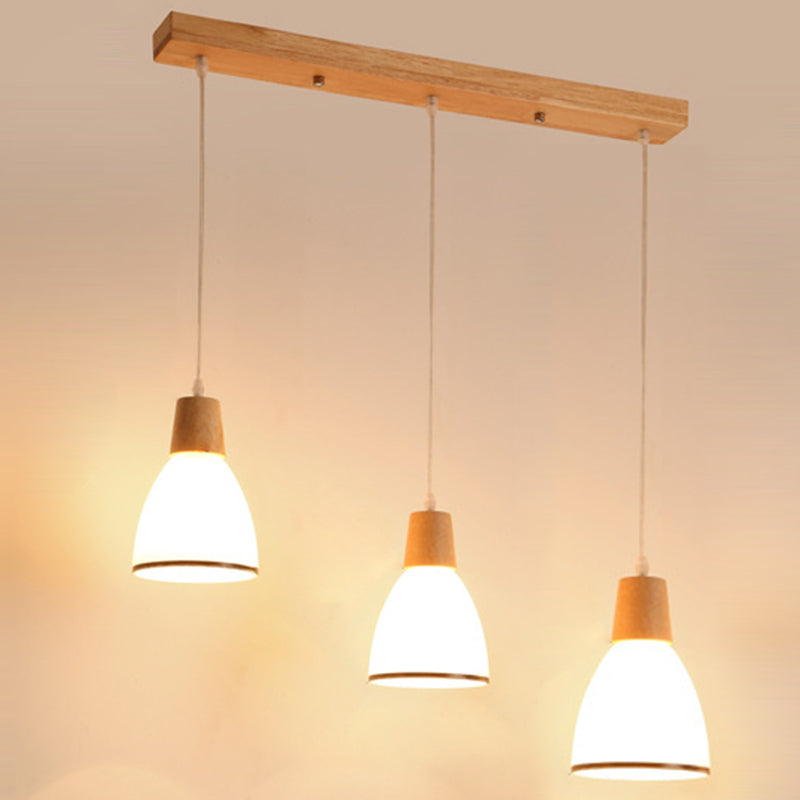 Nordic 3 Lights Pendant Wood Geometric Hanging Light Fixture with White Glass Shade