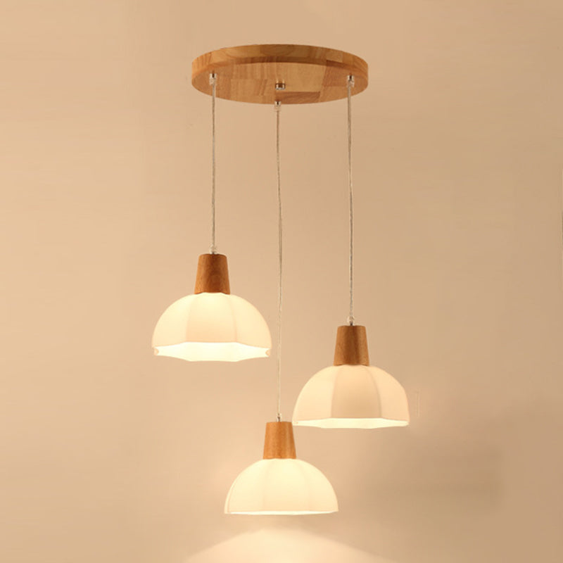 Nordic 3 Lights Pendant Wood Geometric Hanging Light Fixture with White Glass Shade