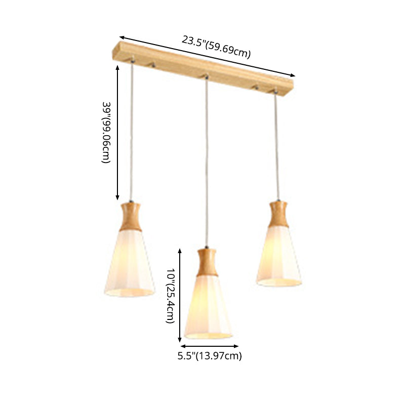 Nordic 3 Lights Pendant Wood Geometric Hanging Light Fixture with White Glass Shade