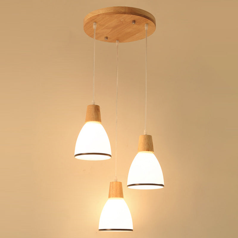 Nordic 3 Lights Pendant Wood Geometric Hanging Light Fixture with White Glass Shade