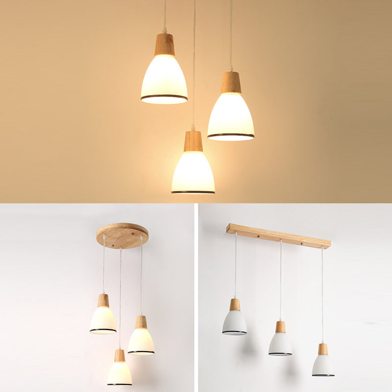 Nordic 3 Lights Pendant Wood Geometric Hanging Light Fixture with White Glass Shade