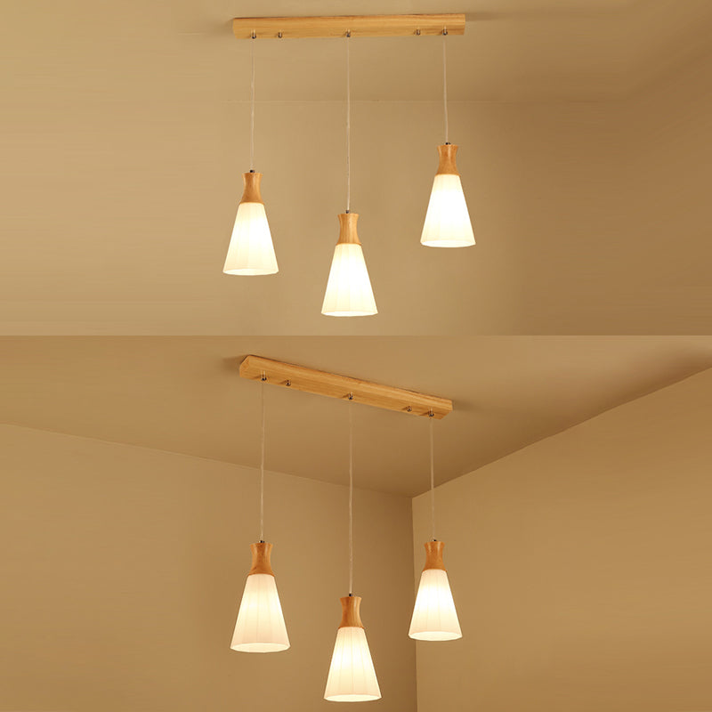 Nordic 3 Lights Pendant Wood Geometric Hanging Light Fixture with White Glass Shade