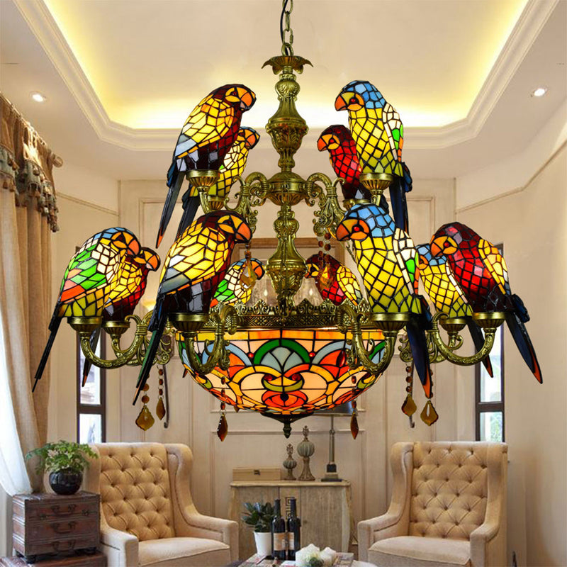 Multi Colored Tiffany Glass Suspension Lighting Victorian Style Ceiling Suspension Lamp for Living Room