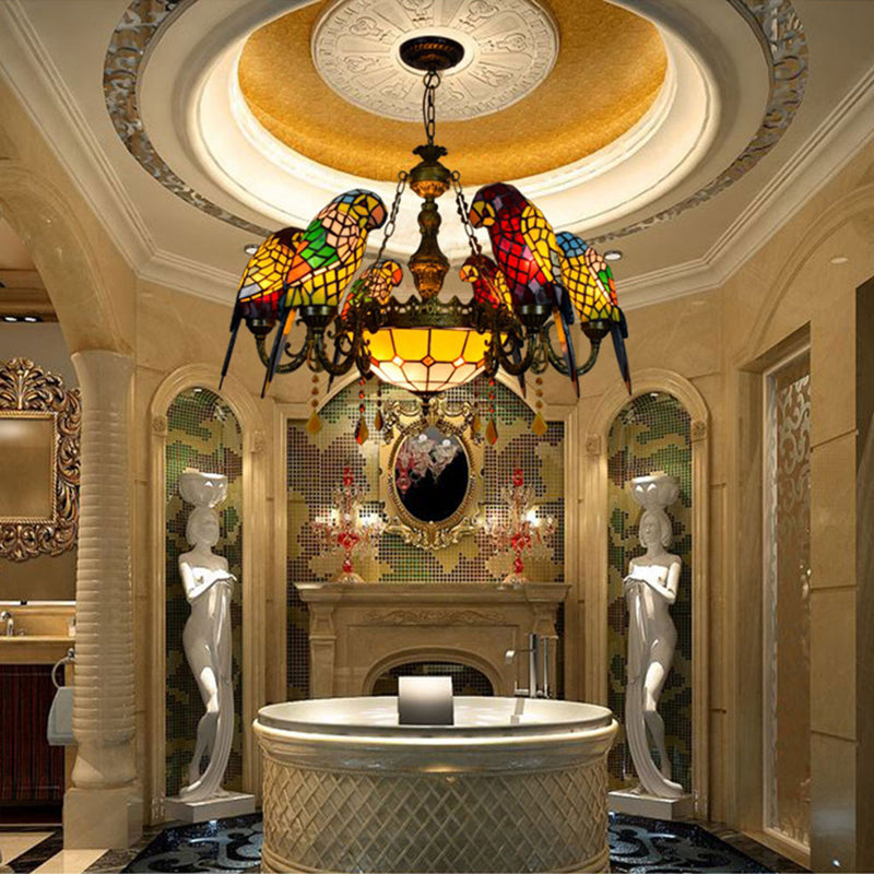 Multi Colored Tiffany Glass Suspension Lighting Victorian Style Ceiling Suspension Lamp for Living Room