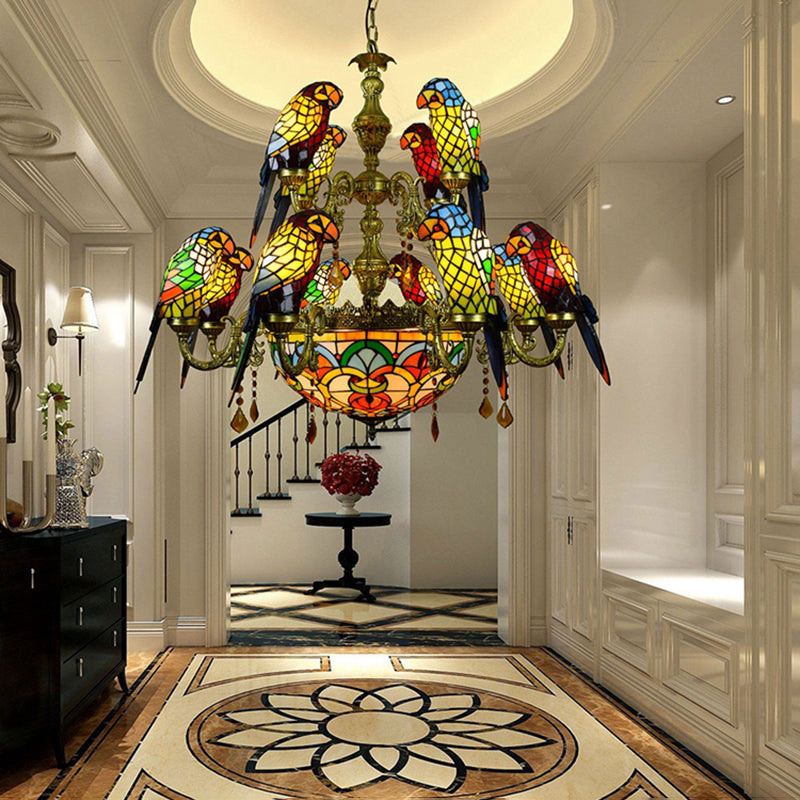 Multi Colored Tiffany Glass Suspension Lighting Victorian Style Ceiling Suspension Lamp for Living Room