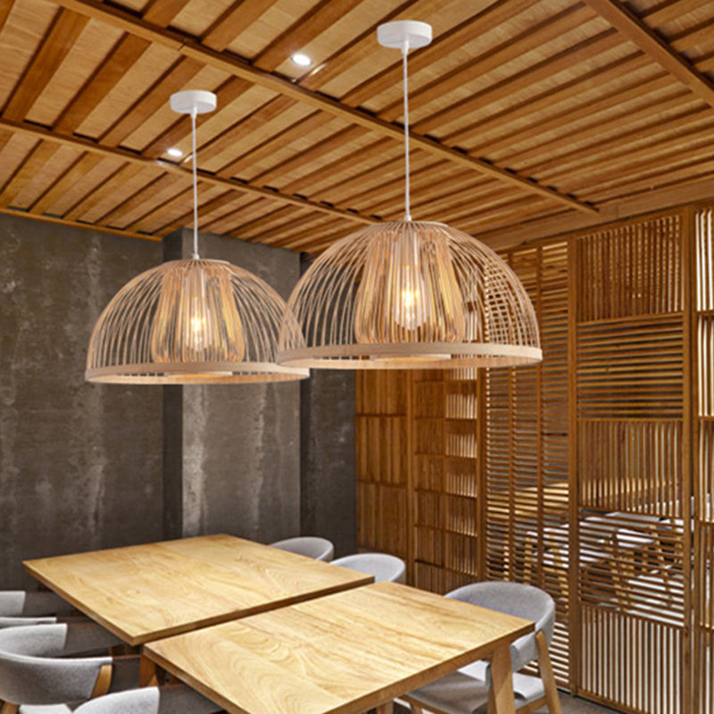 16“/19“ W Domed Shaped Ceiling Pendant Light Modern Bamboo 1 Light Beige Hanging Lamp Kit