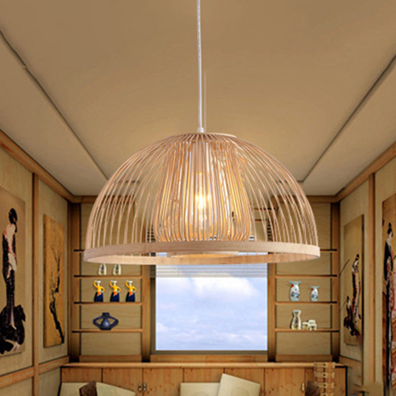 16“/19“ W Domed Shaped Ceiling Pendant Light Modern Bamboo 1 Light Beige Hanging Lamp Kit