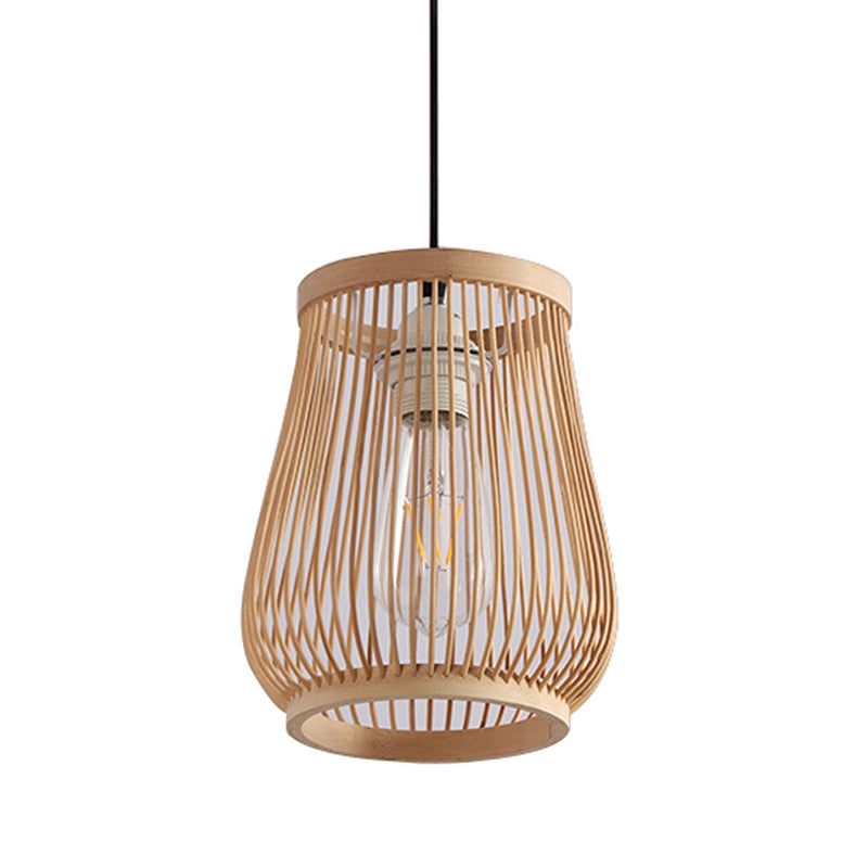 Modern Barrel Hanging Pendant Bamboo 1 Light Dining Room Down Lighting in Beige