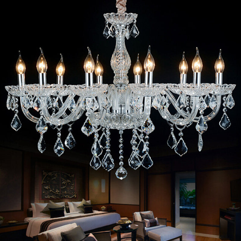 Traditional Beveled K9 Crystal Ceiling Pendant Light Candlestick Suspension Lighting for Living Room