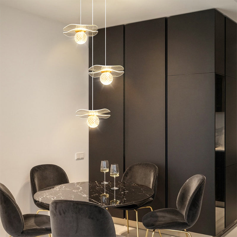 Acrylic Lotus Shaped Suspension Lamp Artistic Minimalist Brass LED Hanging Light for Bedroom