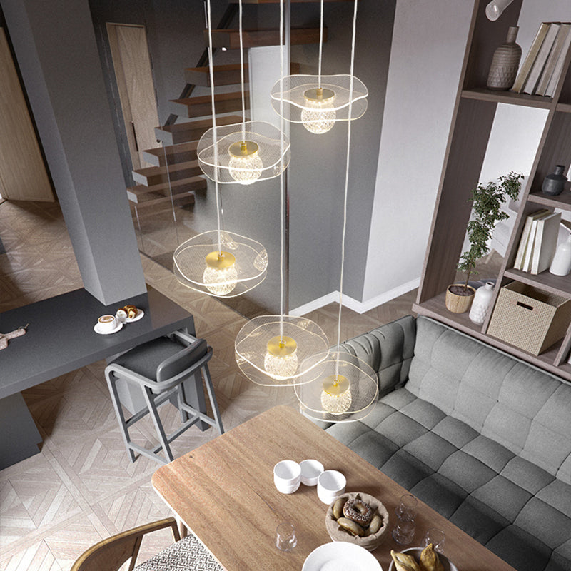 Acrylic Lotus Shaped Suspension Lamp Artistic Minimalist Brass LED Hanging Light for Bedroom