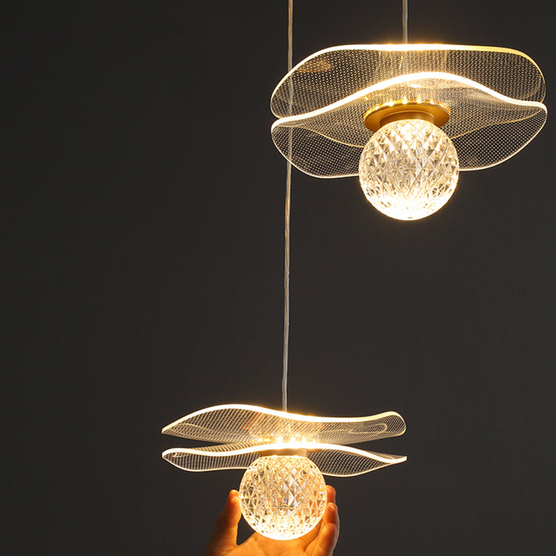 Acrylic Lotus Shaped Suspension Lamp Artistic Minimalist Brass LED Hanging Light for Bedroom