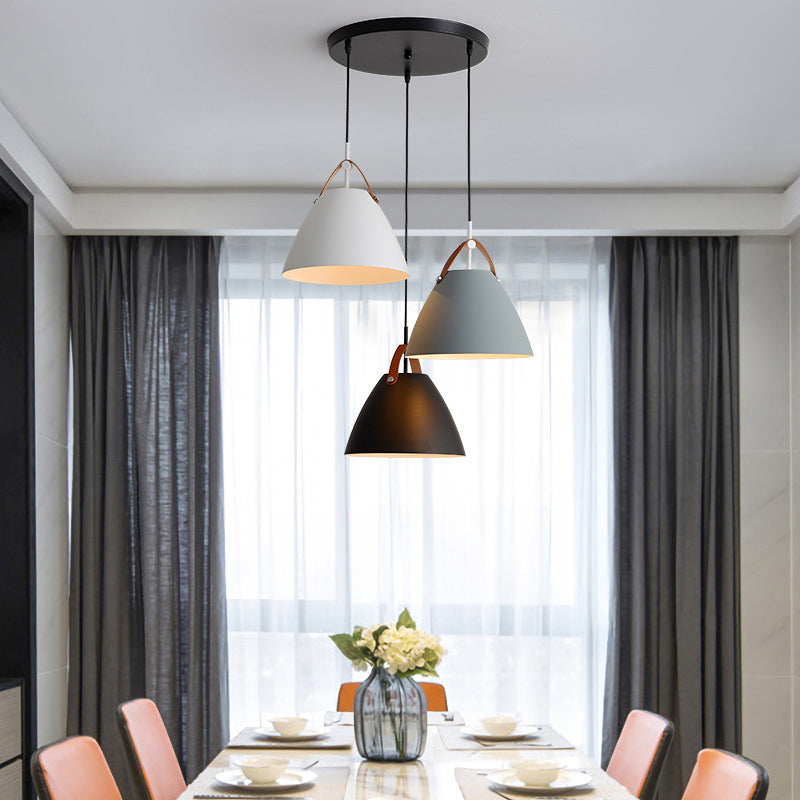 Conical Dining Room Suspension Lamp Metal 3 Heads Nordic Pendant Light in Black-Grey-White