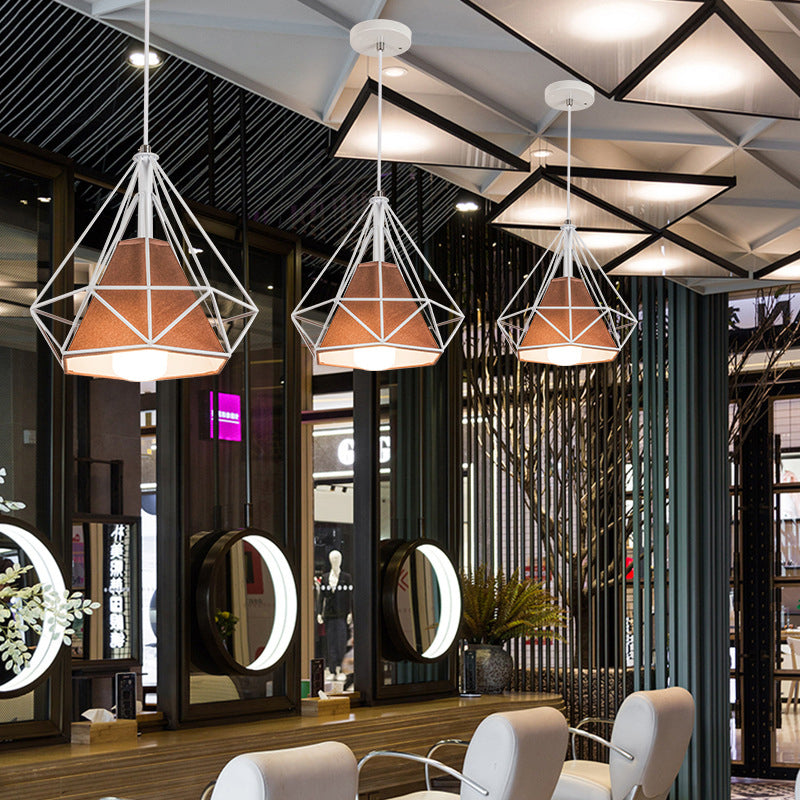 1-Light Diamond Cage Pendant Ceiling Lights Industrial Hanging Light Fixtures with Fabric Shade