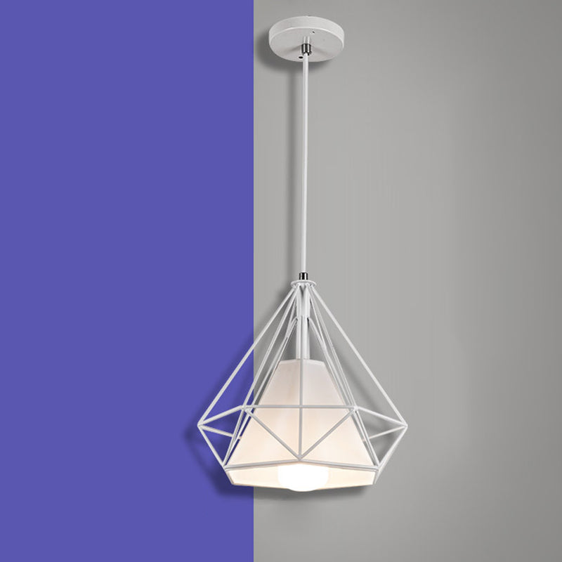 1-Light Diamond Cage Pendant Ceiling Lights Industrial Hanging Light Fixtures with Fabric Shade