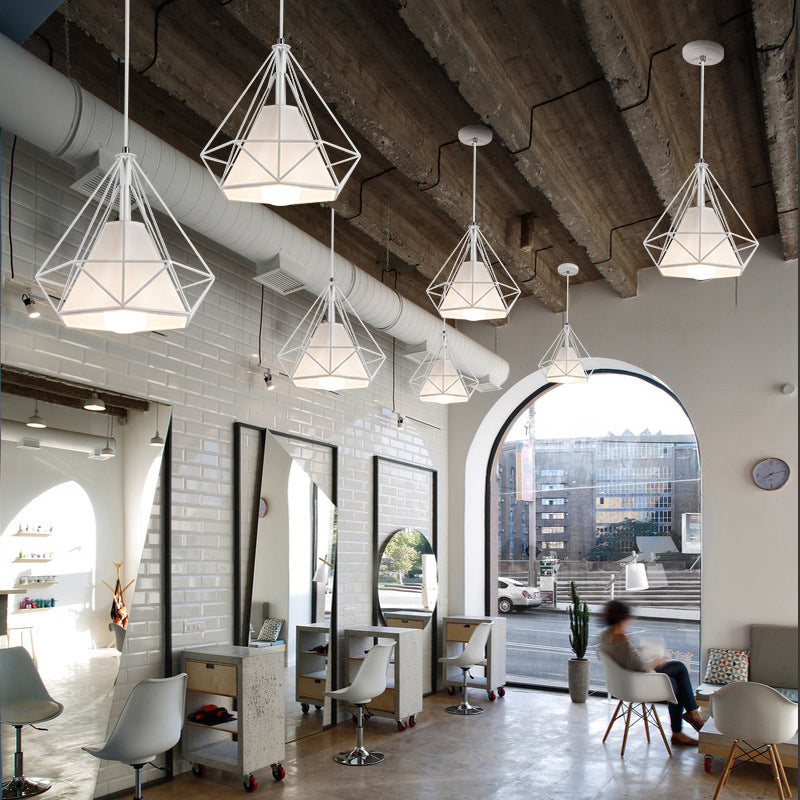 1-Light Diamond Cage Pendant Ceiling Lights Industrial Hanging Light Fixtures with Fabric Shade