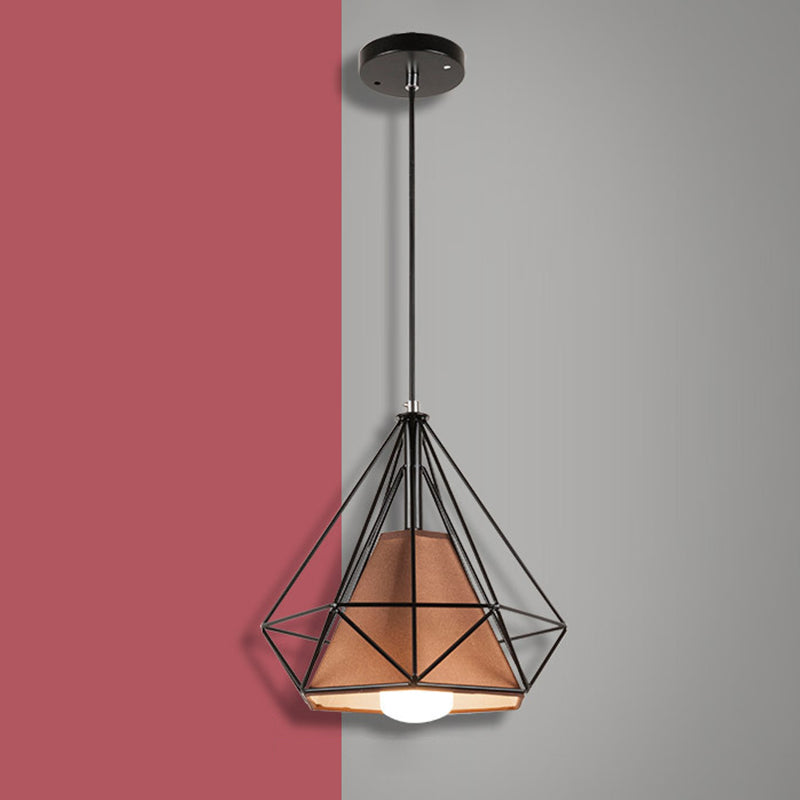 1-Light Diamond Cage Pendant Ceiling Lights Industrial Hanging Light Fixtures with Fabric Shade
