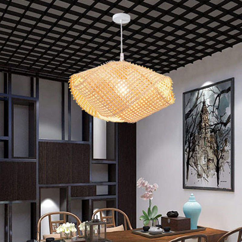 Swirl Bamboo Drop Pendant Asia 14"/16"/18" W 1 Light Beige Hanging Light Fixture for Dining Room