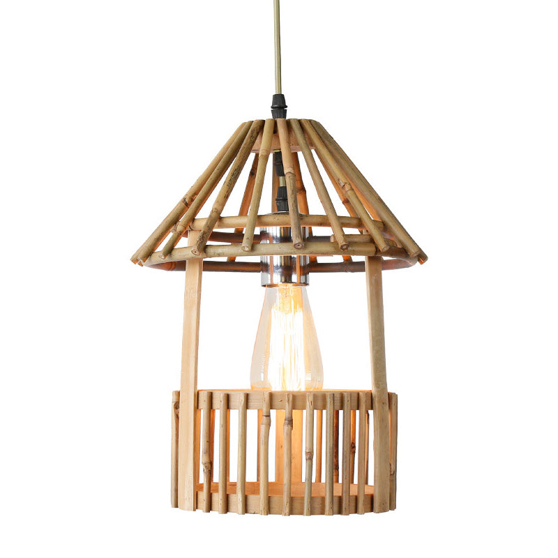 Pavilion Shaped Pendant Lamp Asia Bamboo 1 Light Dining Room Hanging Lamp Kit in Wood