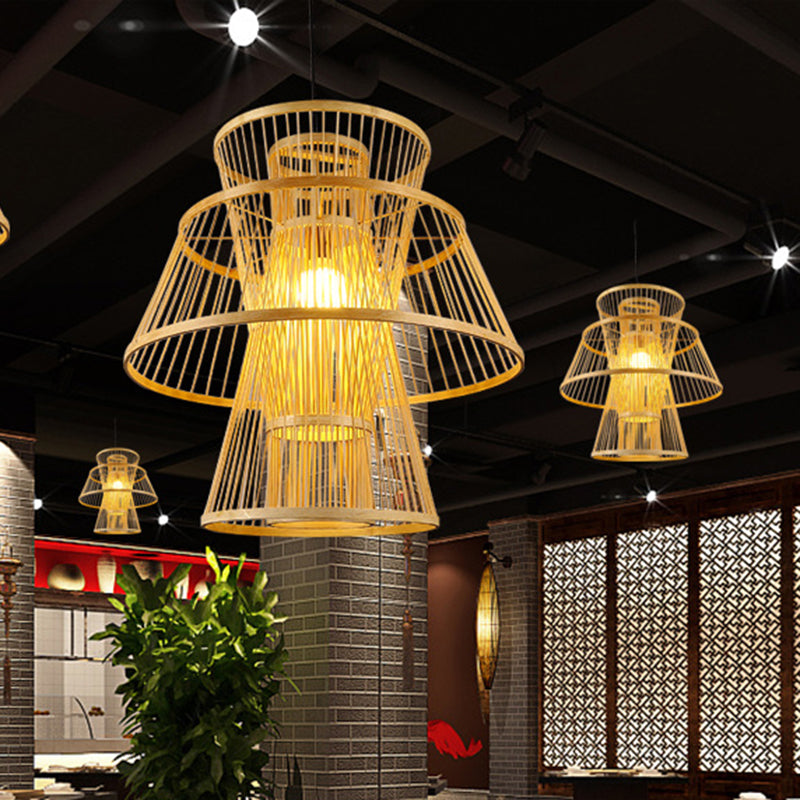 Plafond à plusieurs niveaux Bamboo moderne 1 pendentif suspension beige léger pour salle à manger