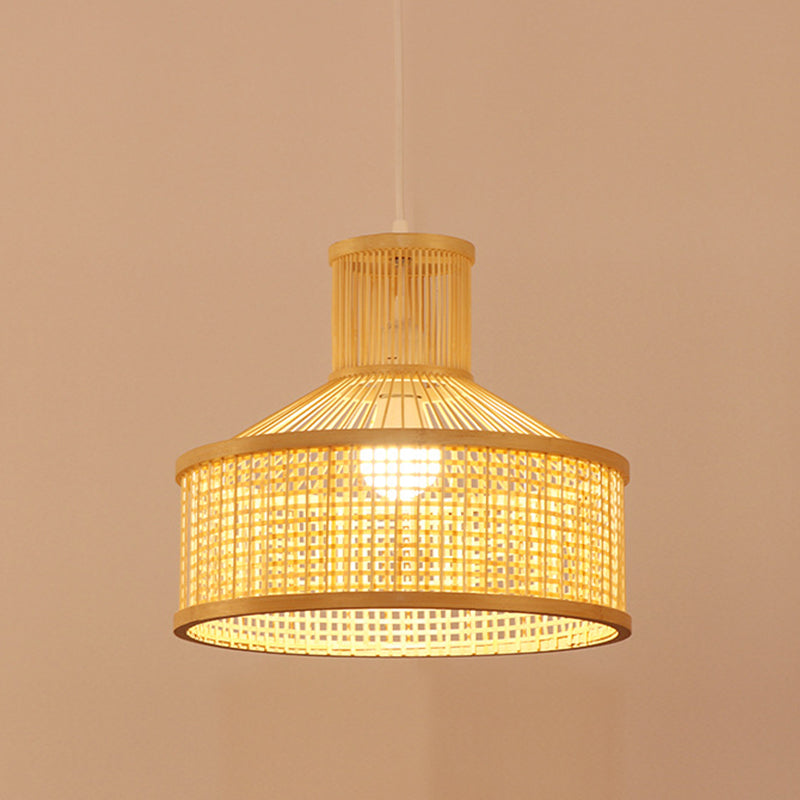 Coste de caída de bambú redonda moderna 1 Luz de techo colgante de luz en beige para el comedor