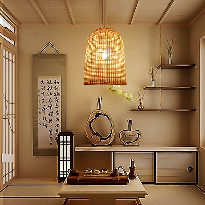 Canasta contemporánea de colgante de colgante Bambú 1 Lámpara de comedor ligero en beige
