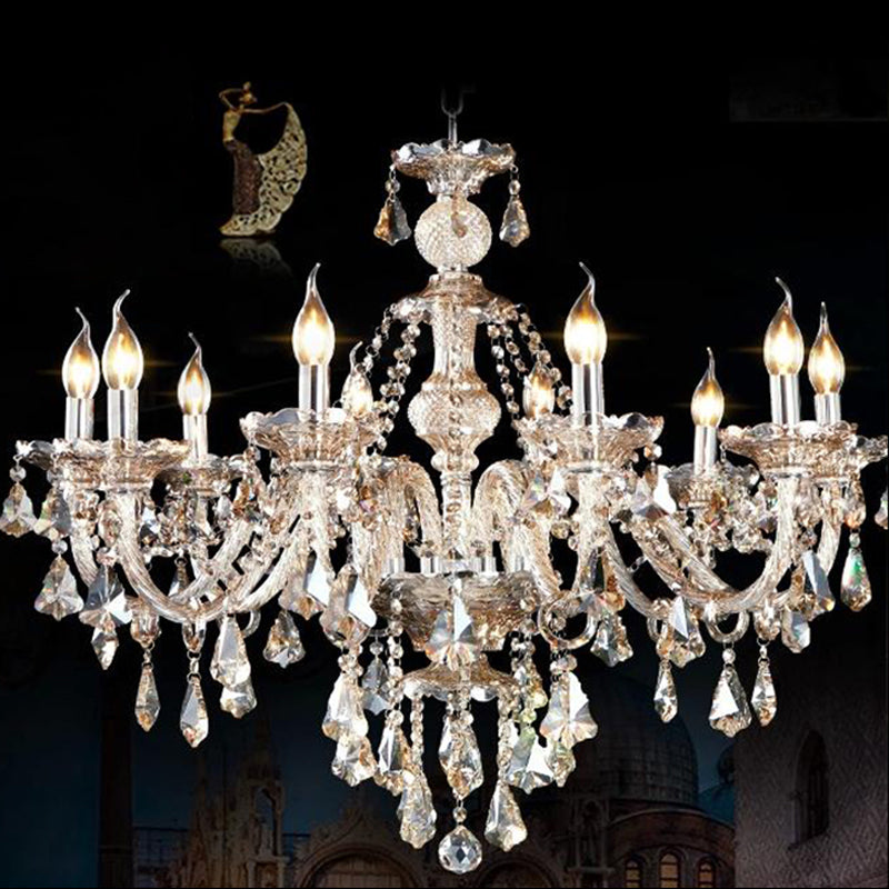 Traditional Beveled K9 Crystal Ceiling Pendant Light Candlestick Suspension Lighting for Living Room