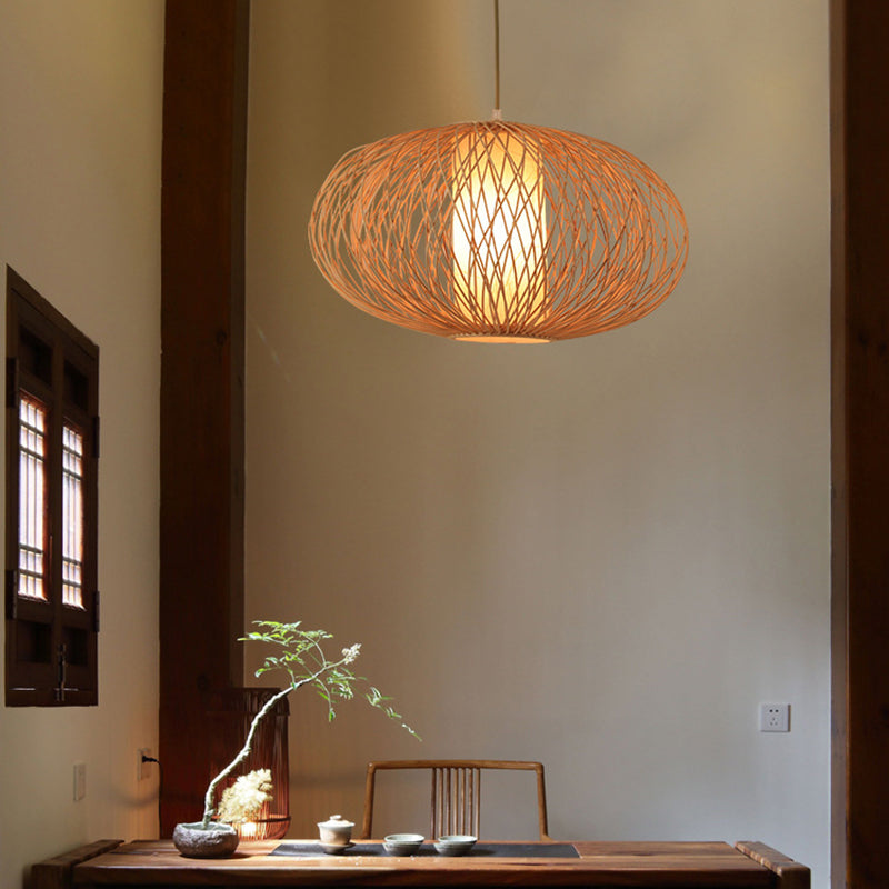 Cross Woven Pendant Lighting Fixture Modern Bamboo 1 Light Beige Hanging Lamp Kit for Dining Room