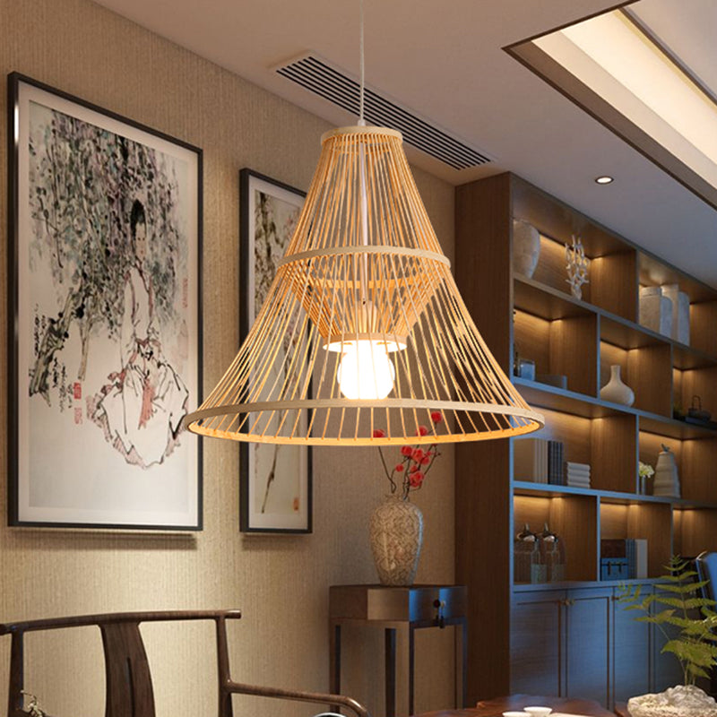 Tapered Bamboo Hanging Light Fixture Asia 1 Light Beige Suspension Pendant Light for Bedroom