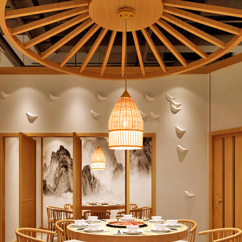 1 Light Dining Room Pendant Lamp Asia Beige Ceiling Light with Elongated Bamboo Shade