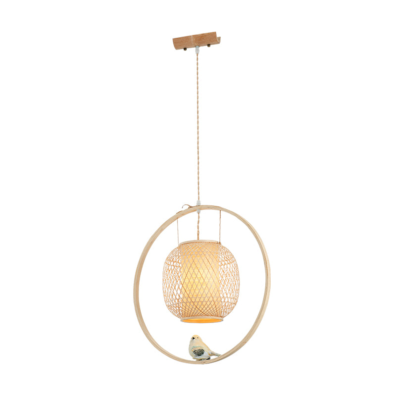 Modern Globe Bamboo Ceiling Light 1 Light Hanging Lamp Kit in Beige with Bird Deco