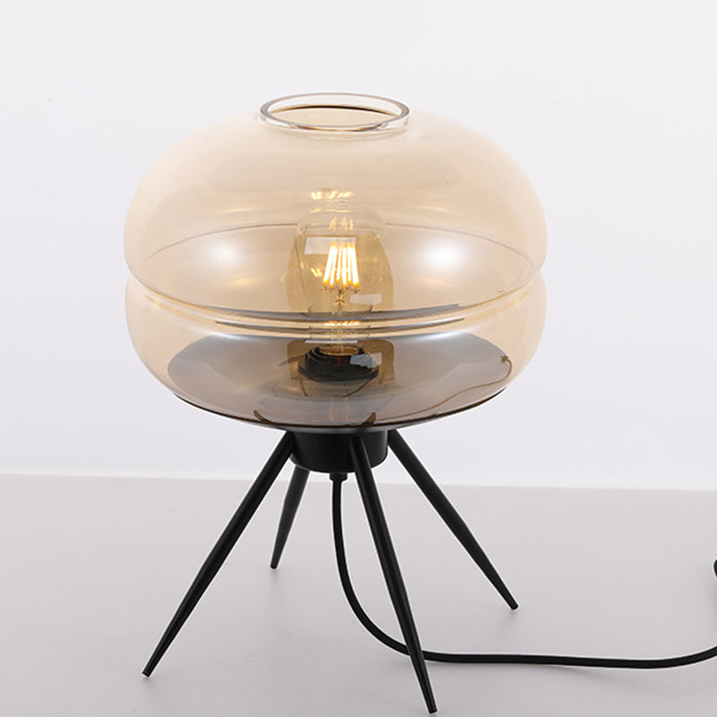 Round Bedside Small Desk Lamp Smoke Gray/Amber/Blue Glass 1 Light Modern Style Reading Book Light in Black with Tripod