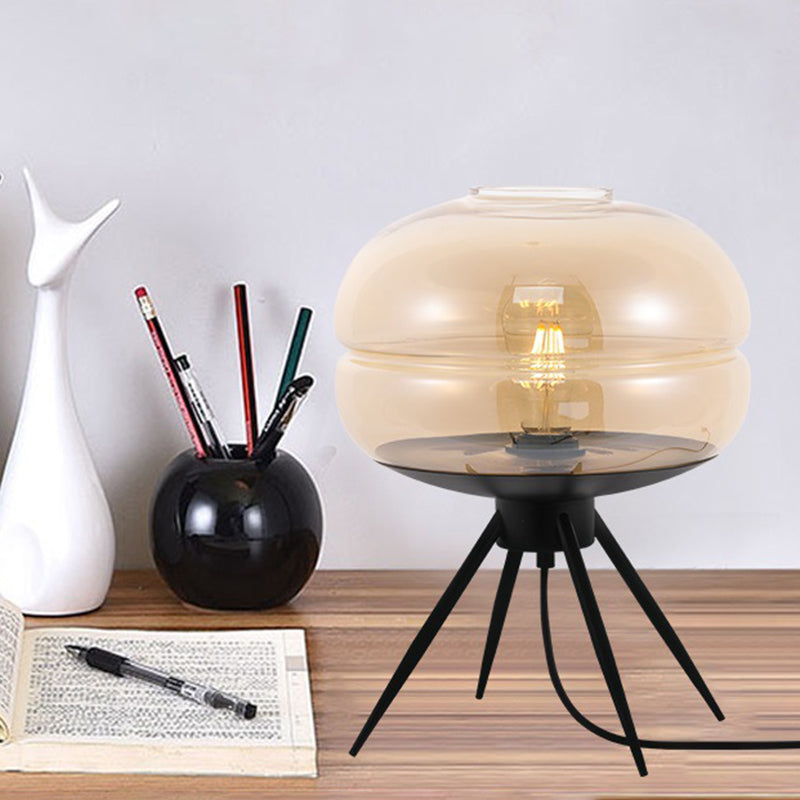 Round Bedside Small Desk Lamp Smoke Gray/Amber/Blue Glass 1 Light Modern Style Reading Book Light in Black with Tripod